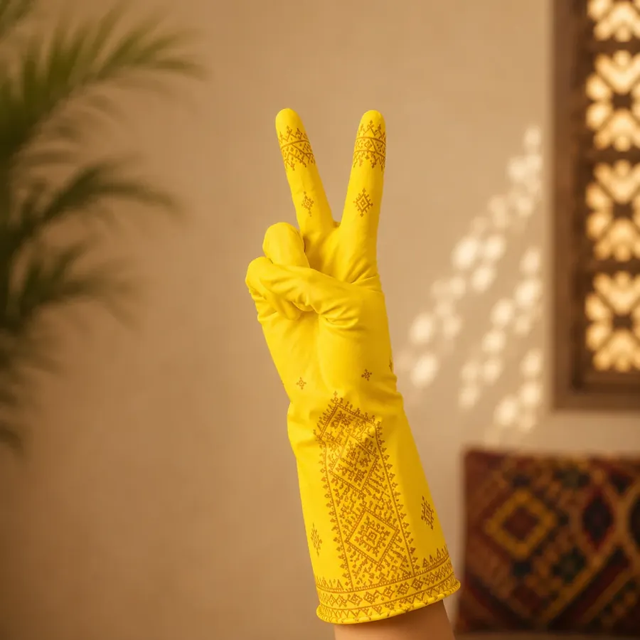 Gant de ménage jaune à motif traditionnel, utilisé pour l’entretien de la maison